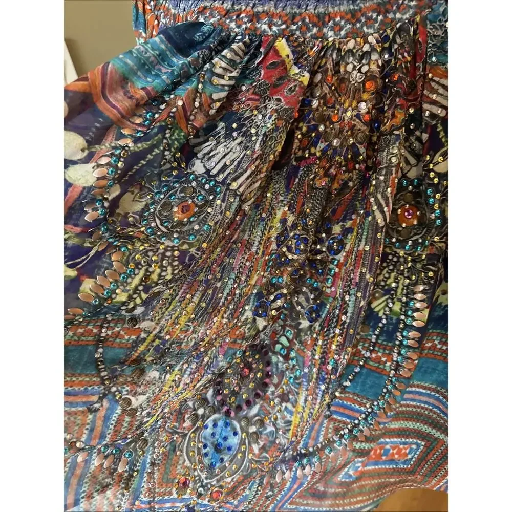 CAMILLA off shoulder or Silk Blouse crystals blue red open sleeve Shirred Cuff L - Picture 3 of 13